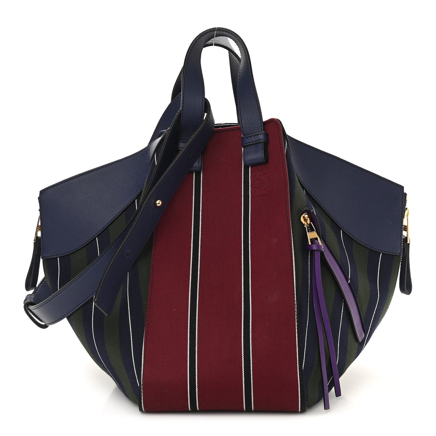 Canvas Calfskin Stripes Hammock Shoulder Bag Blue Red