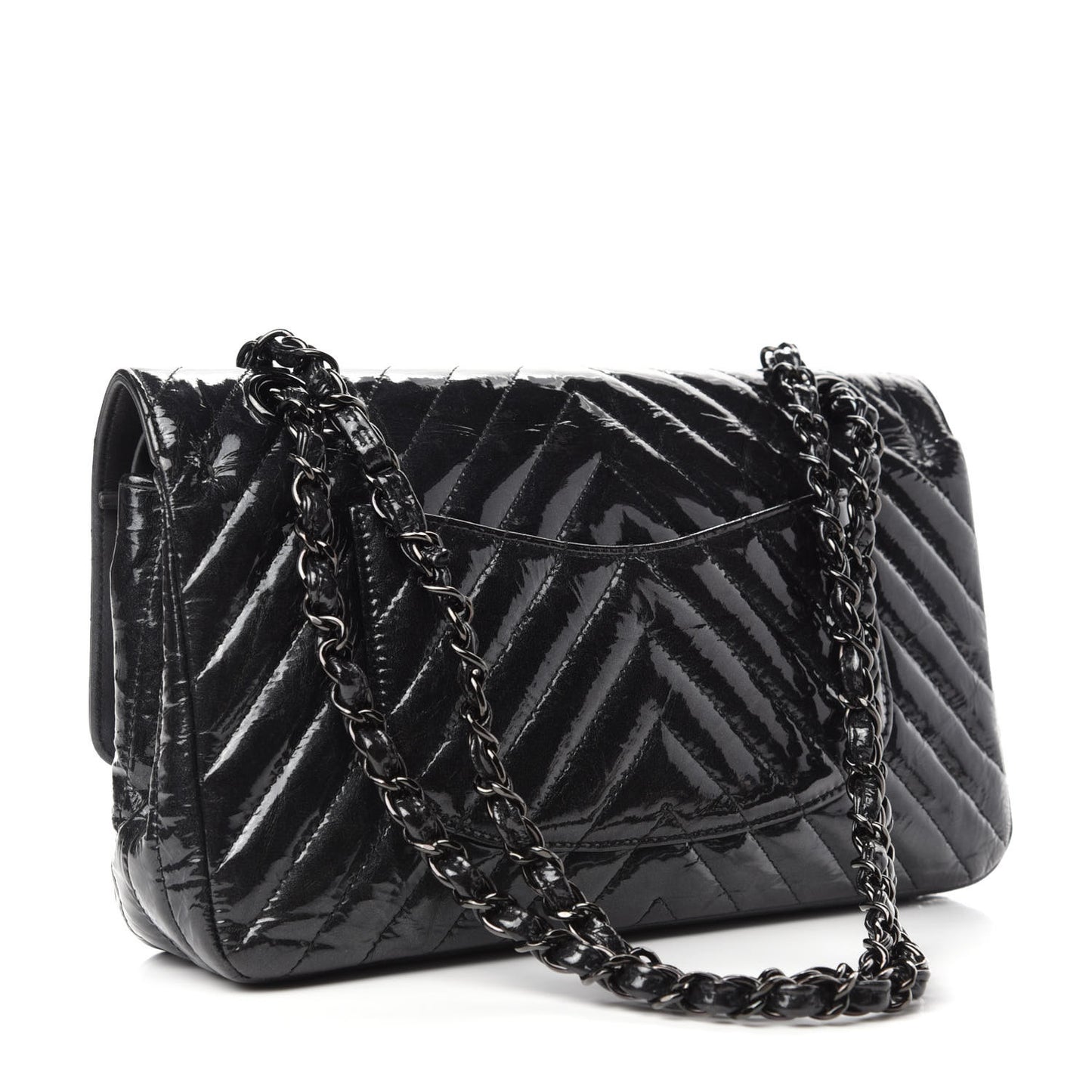 Metallic Patent Crumpled Calfskin Chevron Quilted Medium Double Flap So Black