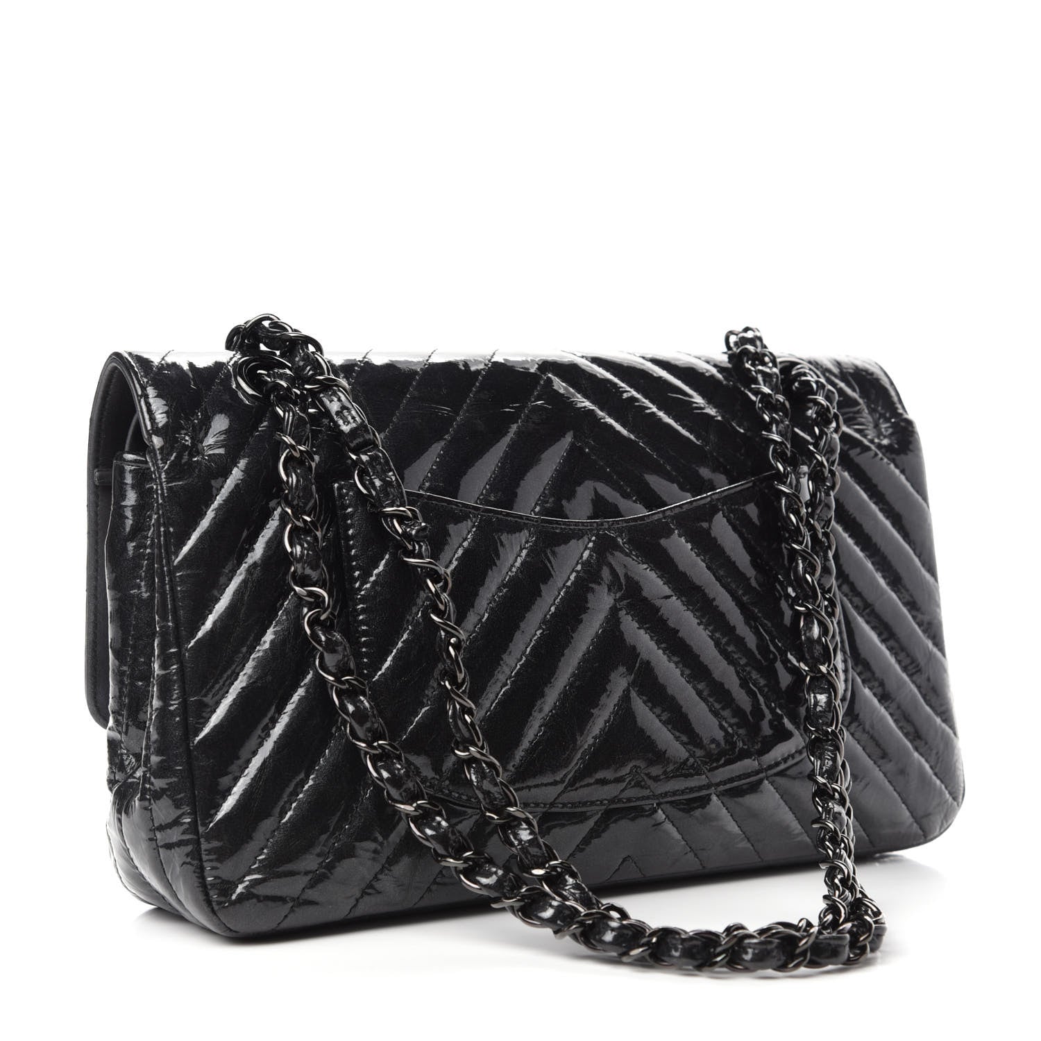Chanel Metallic Patent Crumpled Calfskin Chevron Quilted Medium Double Flap So Black 3 of 13