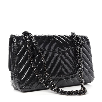 Chanel Metallic Patent Crumpled Calfskin Chevron Quilted Medium Double Flap So Black 3 of 13