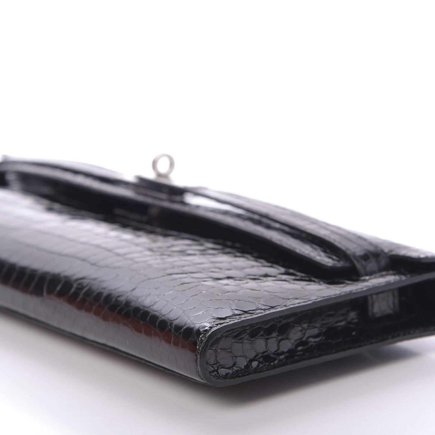 Shiny Porosus Crocodile Kelly Cut Pochette Black