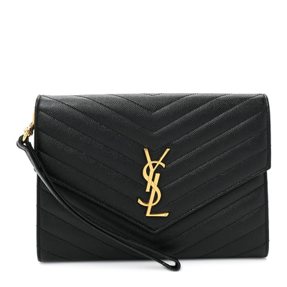 Saint Laurent Grain De Poudre Matelasse Chevron Monogram Envelope Clutch Black 1 of 15