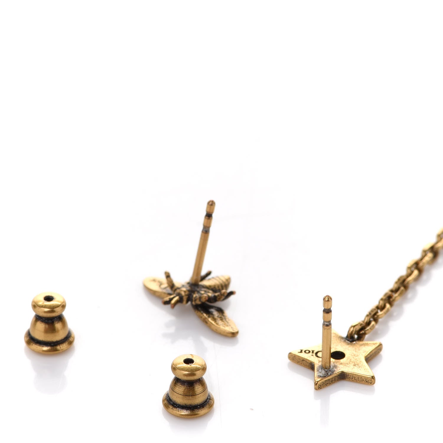 Christian Dior Metal Pearl Bee Star CD Drop Chain Earrings Aged Gold 3 of 6