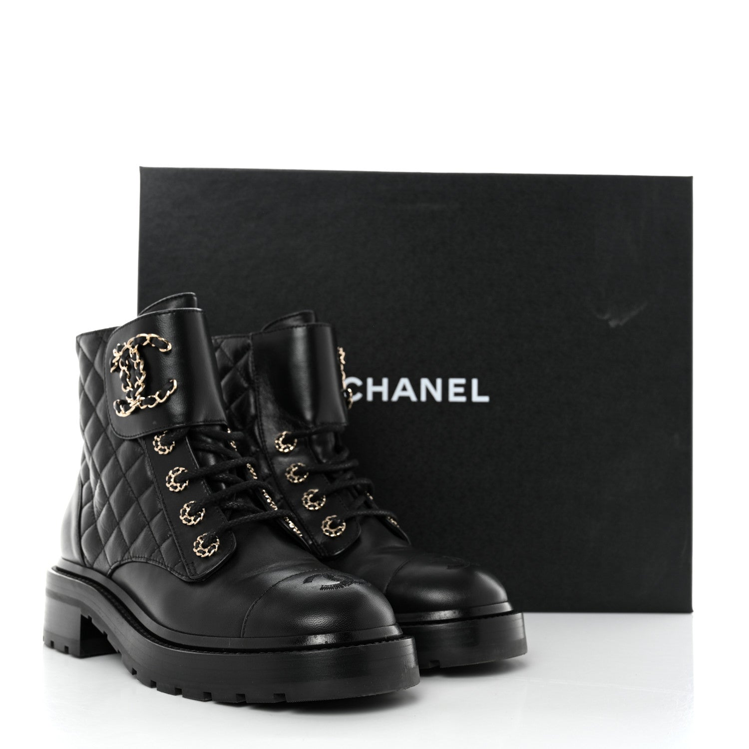 Chanel Shiny Calfskin Quilted Lace Up Combat Boots 36.5 Black 9 of 9