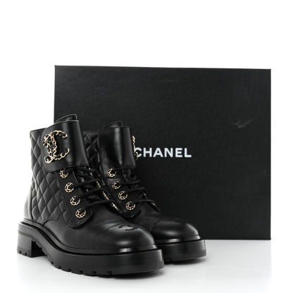 Chanel Shiny Calfskin Quilted Lace Up Combat Boots 36.5 Black 9 of 9