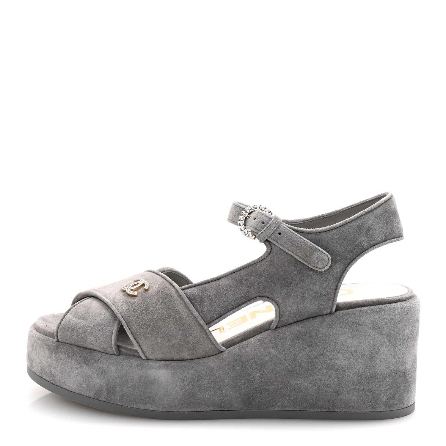 Chanel Suede Calfskin Peep Toe Wedge Sandals 37 Grey 1 of 9