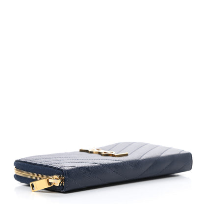 Saint Laurent Grain De Poudre Matelasse Chevron Monogram Zip Around Wallet Navy 4 of 9
