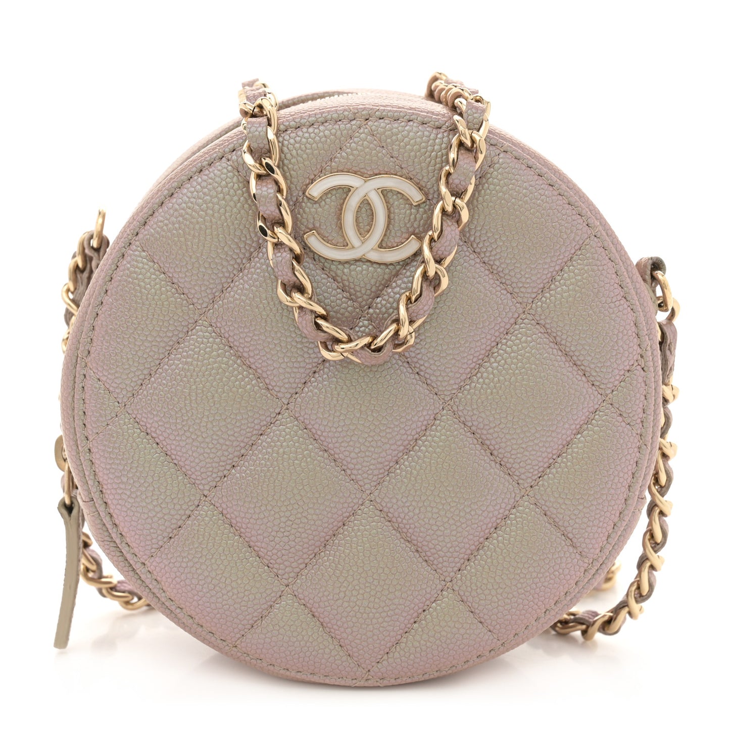 Iridescent Caviar Resin Quilted Round Clutch With Chain Beige