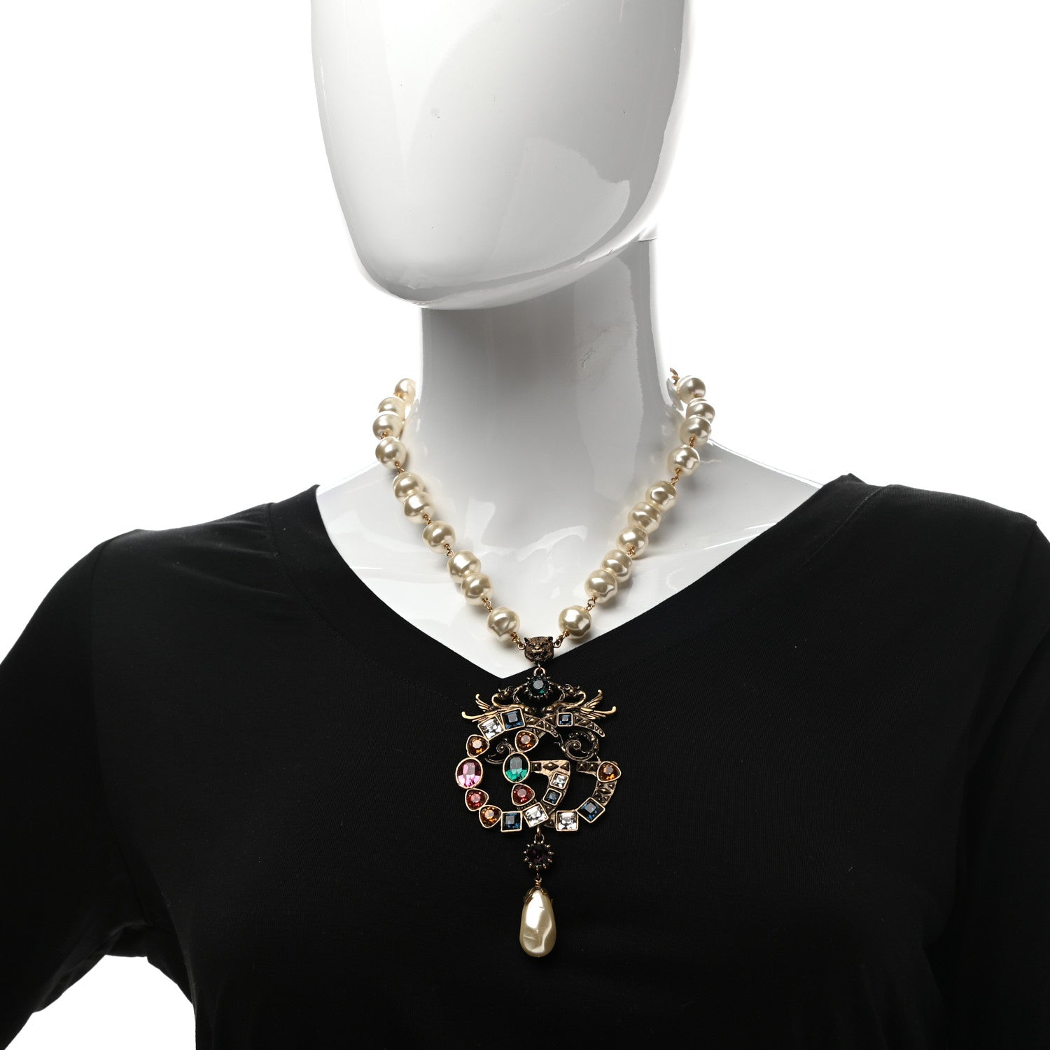 Gucci Crystal Pearl Marmont Dragon Necklace Aged Gold Multicolor 2 of 6