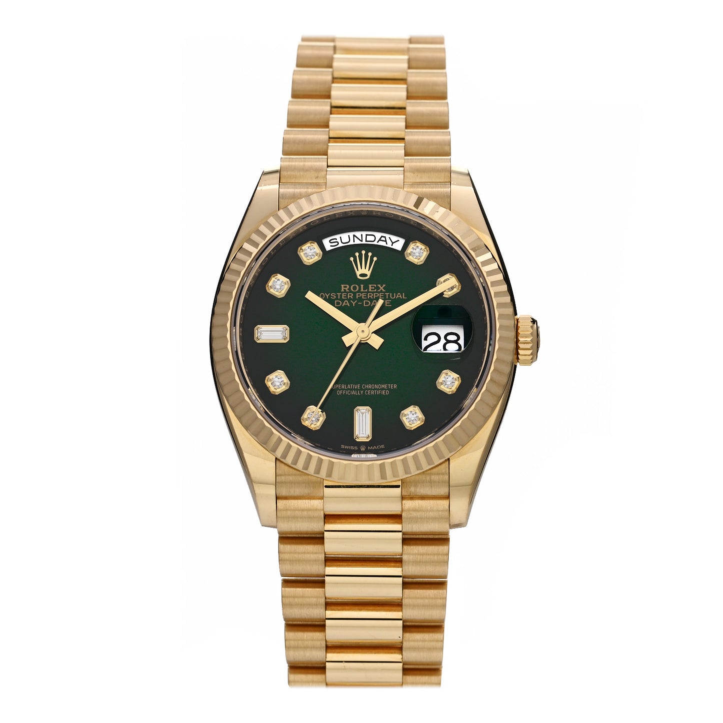 18K Yellow Gold Diamond 36mm Oyster Perpetual Day-Date President Watch Green Ombre 128238