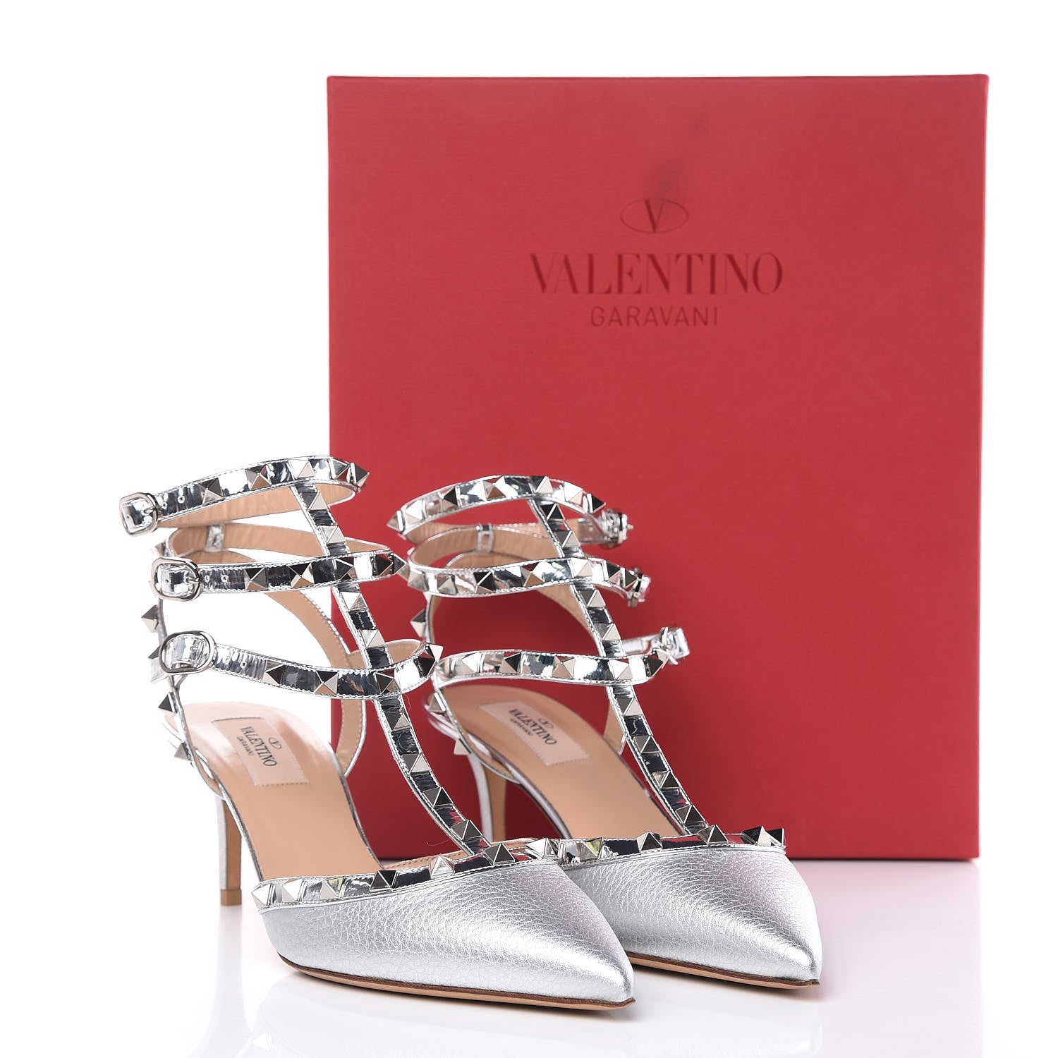 Valentino Garavani Metallic Pebbled Calfskin Rockstud Ankle Strap Low Heel Pumps 39.5 Silver 9 of 9