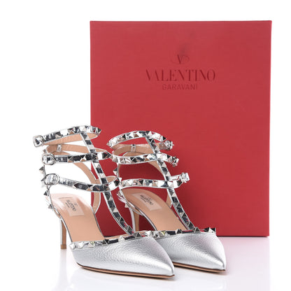 Valentino Garavani Metallic Pebbled Calfskin Rockstud Ankle Strap Low Heel Pumps 39.5 Silver 9 of 9