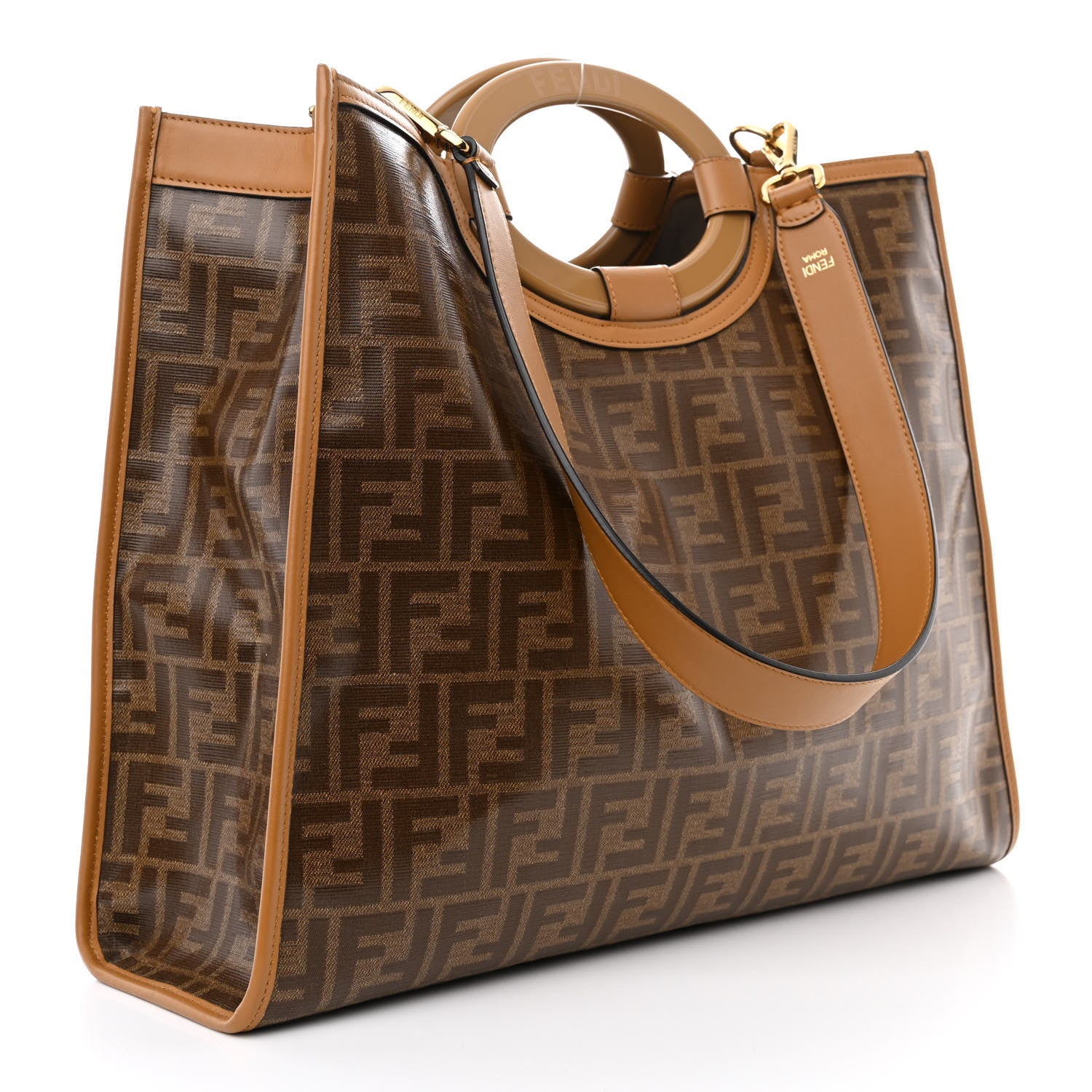 Fendi Glazed Fabric Vitello Century Plexiglass FF 1974 Stamp Patch Medium Runaway Shopper Tote Mogano Panna Nocciola 3 of 10