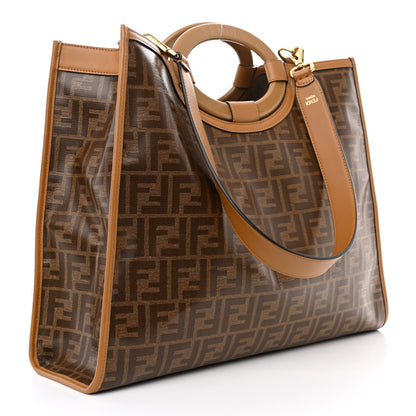 Fendi Glazed Fabric Vitello Century Plexiglass FF 1974 Stamp Patch Medium Runaway Shopper Tote Mogano Panna Nocciola 3 of 10