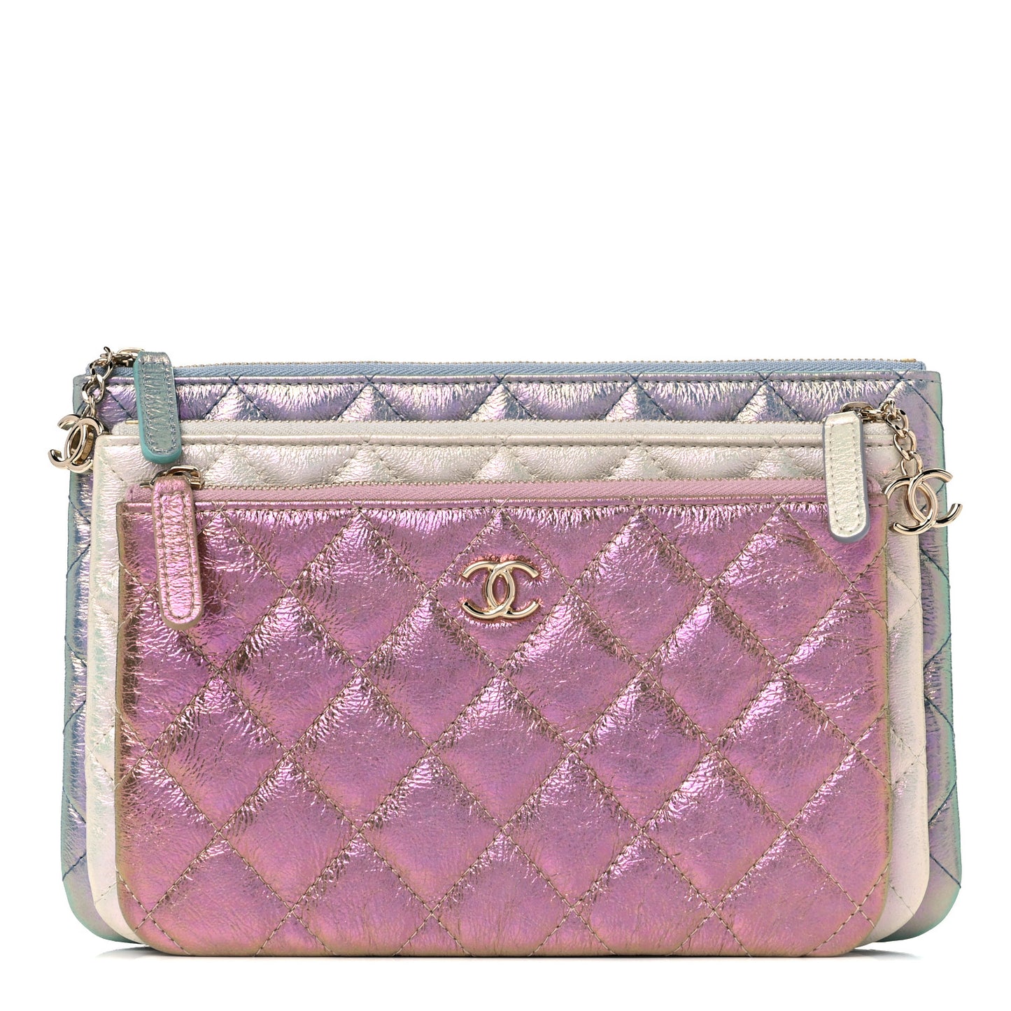 Iridescent Crumpled Calfskin Trio Cosmetic Case Blue Pink Ivory