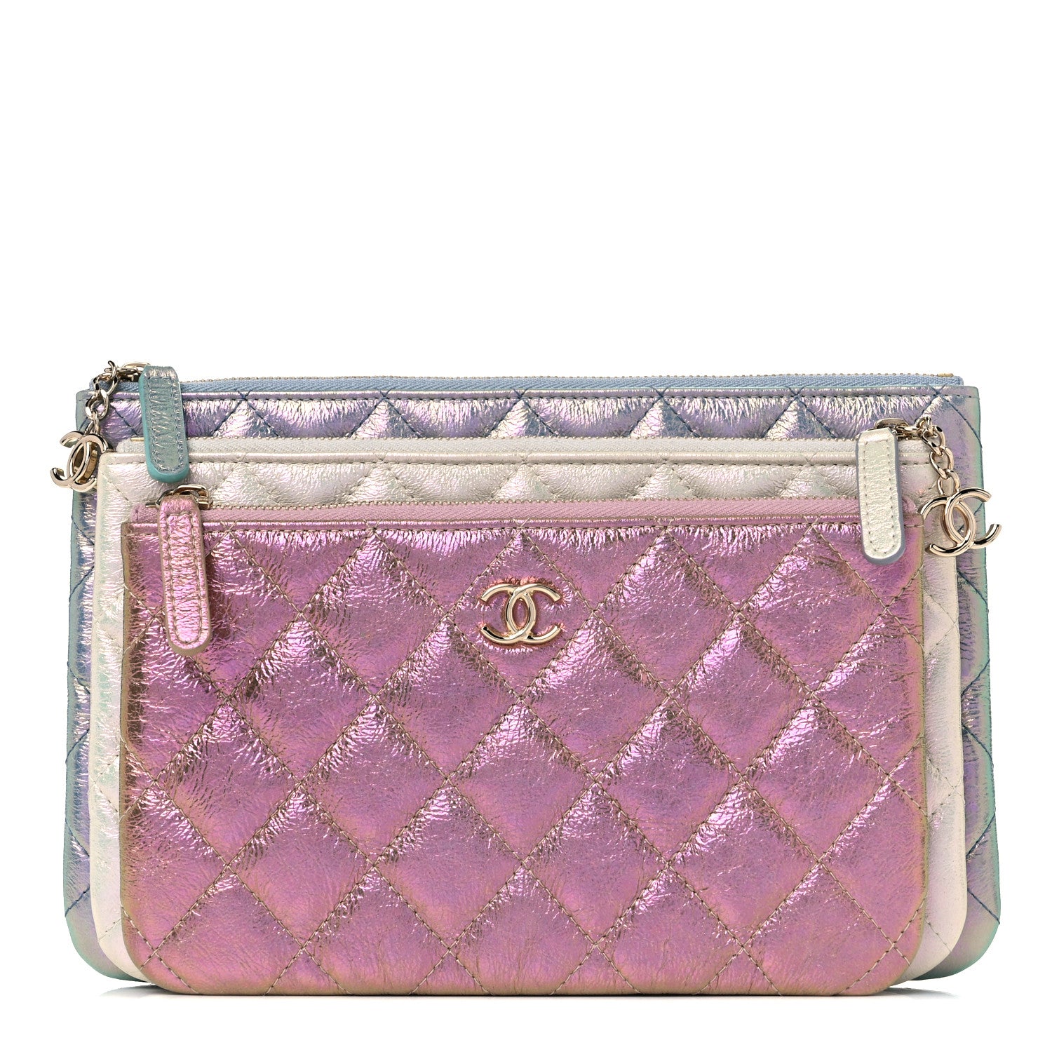 Chanel Iridescent Crumpled Calfskin Trio Cosmetic Case Blue Pink Ivory 1 of 13