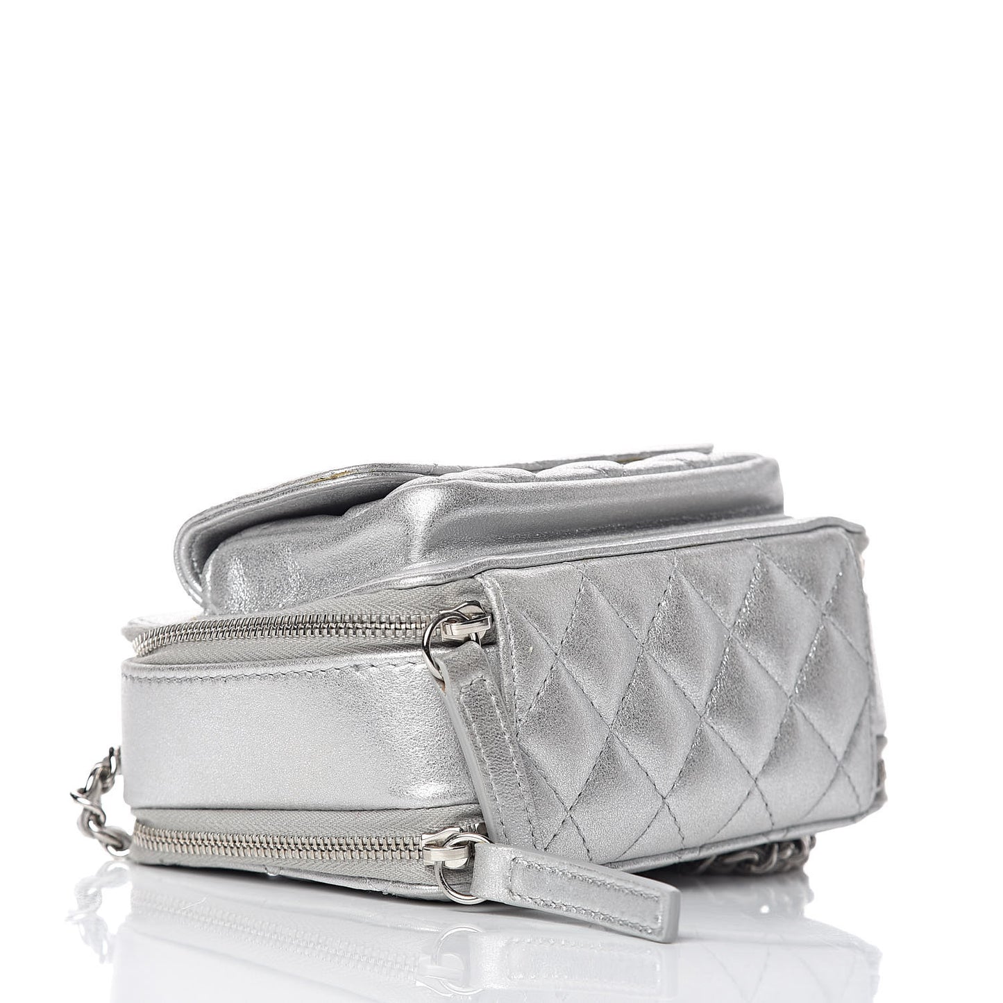 Metallic Lambskin Quilted Mini Pocket Box Camera Case Silver