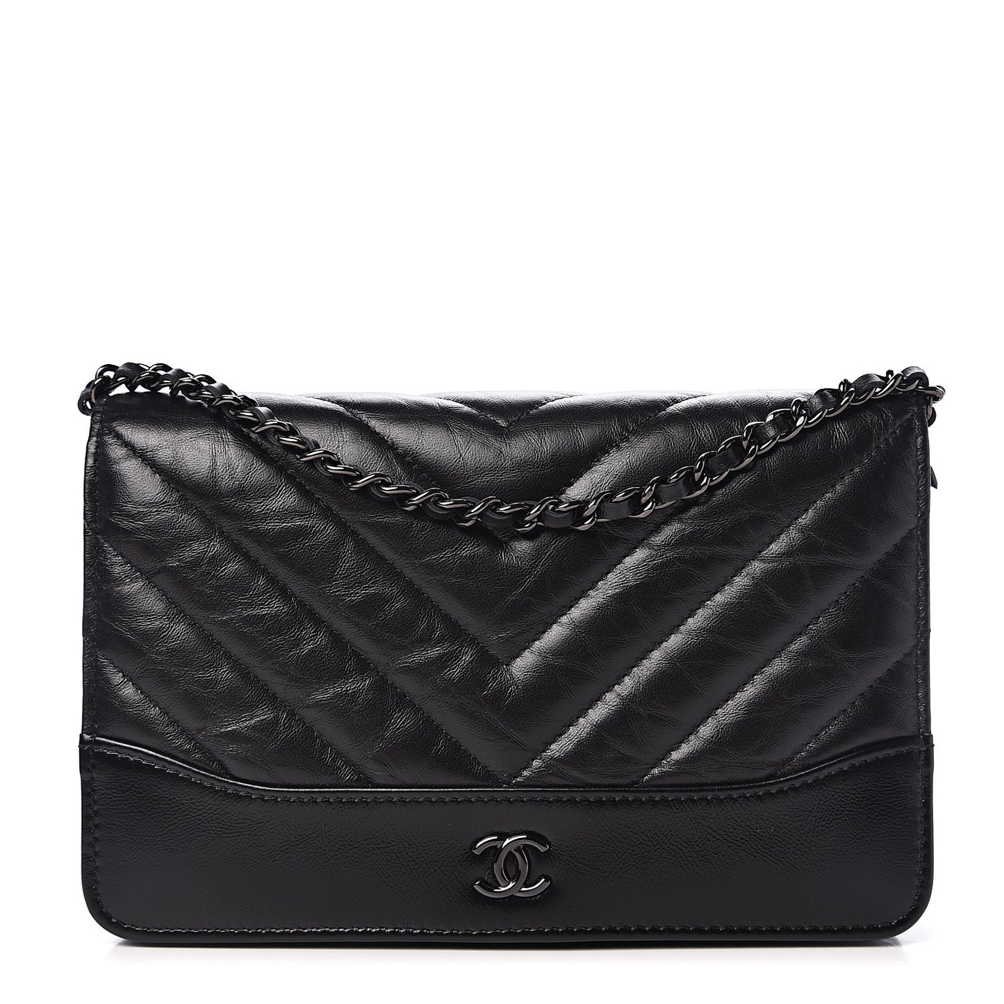 Aged Calfskin Chevron Quilted Gabrielle Wallet On Chain WOC Black