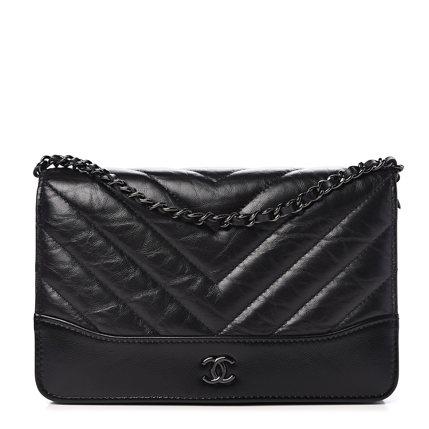 Chanel Aged Calfskin Chevron Quilted Gabrielle Wallet On Chain WOC Black 1 of 11