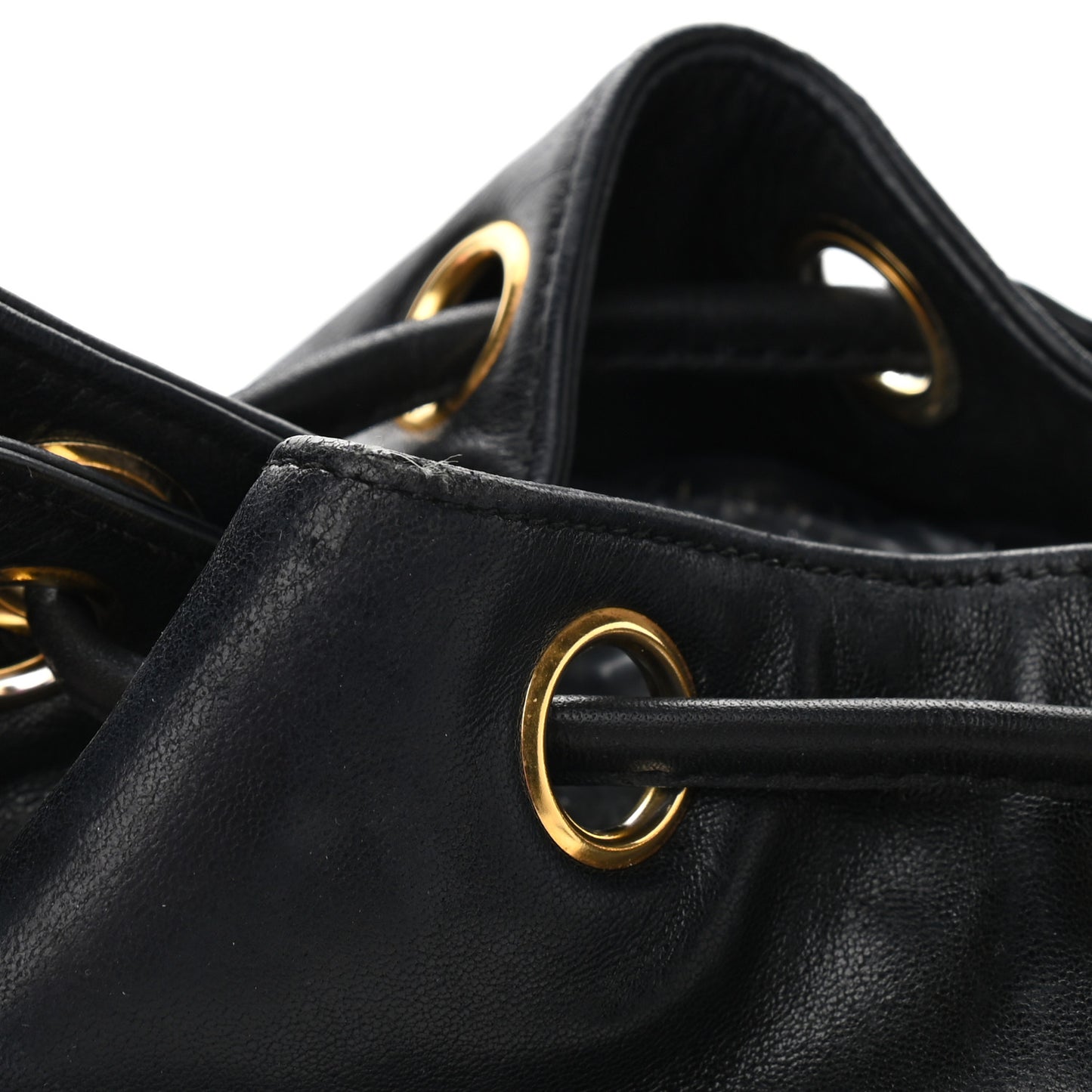 Lambskin CC Stitched Drawstring Bucket Bag Black