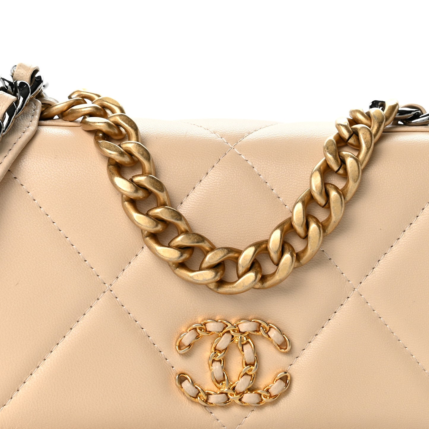 Lambskin Quilted Chanel 19 Wallet On Chain WOC Beige