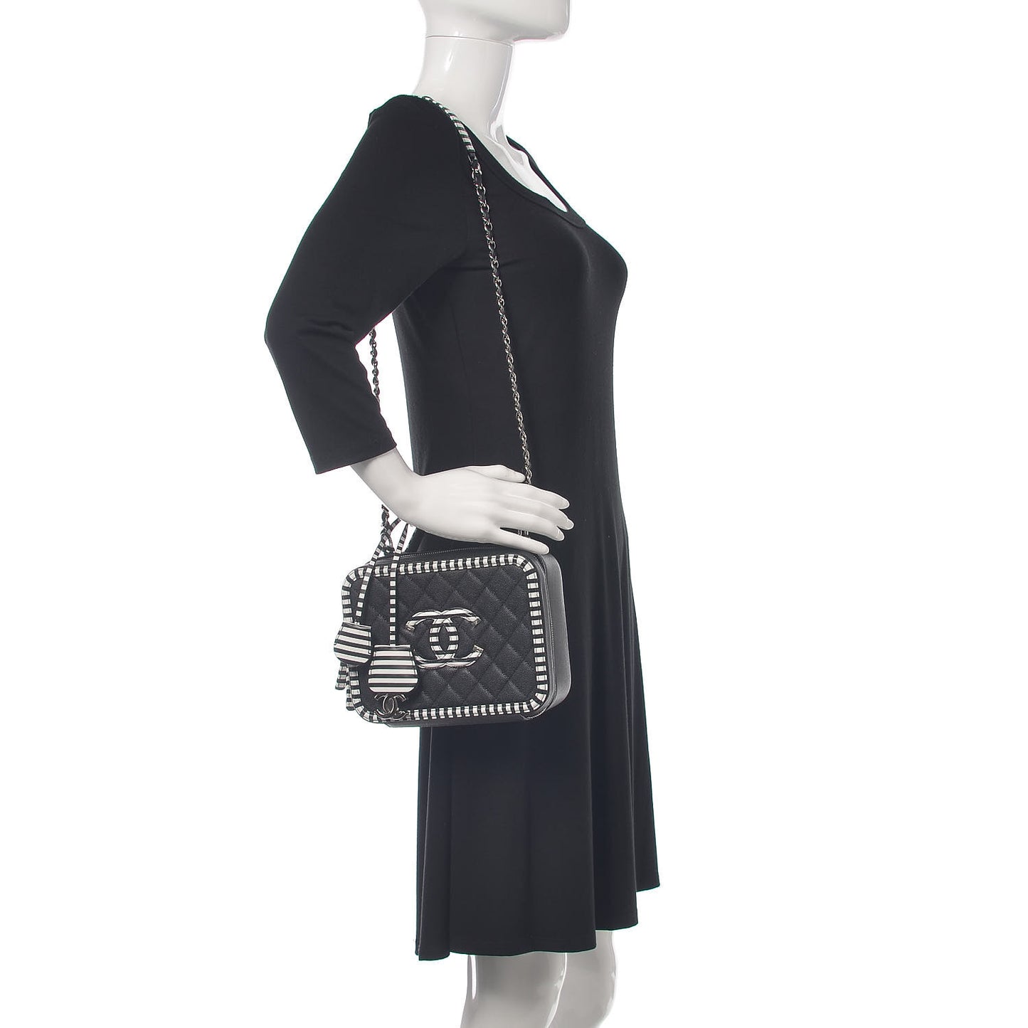 Caviar Quilted Striped Medium CC Filigree Vanity Case Black White