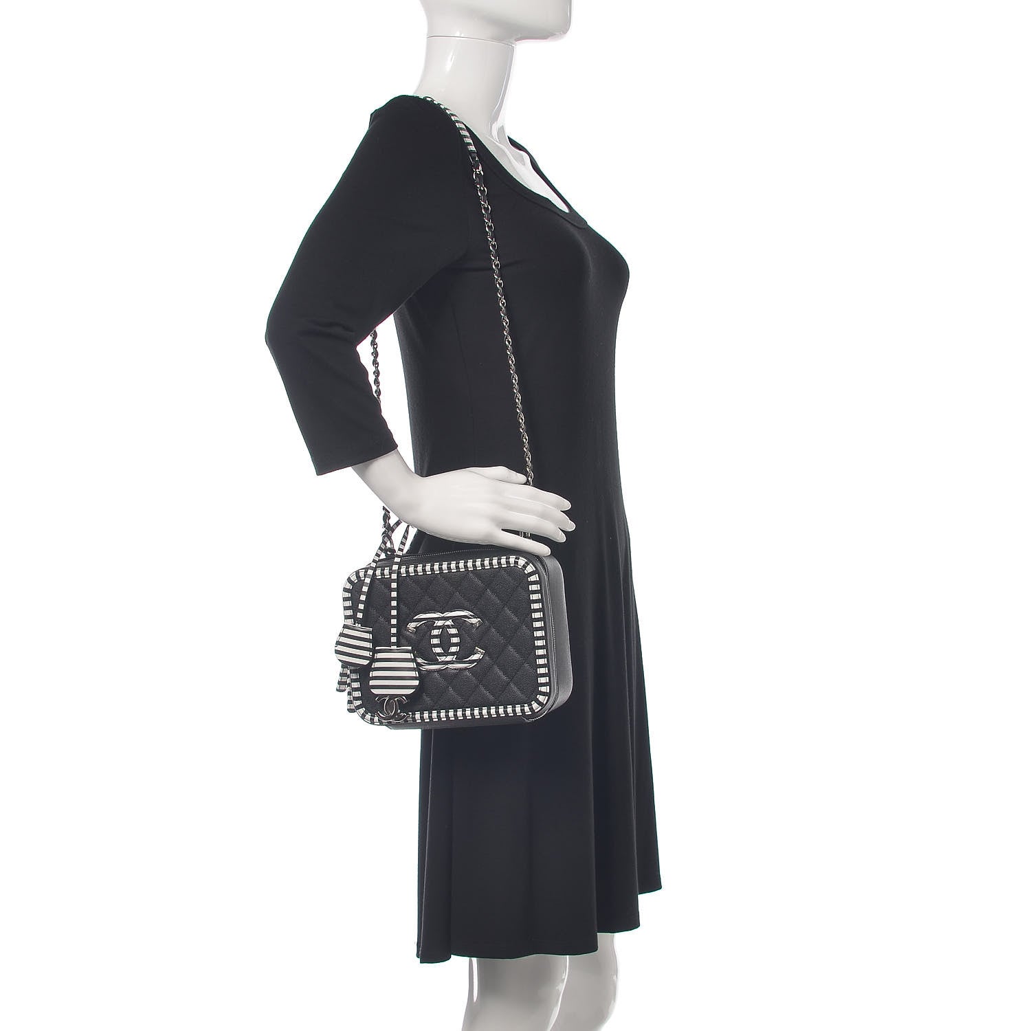 Chanel Caviar Quilted Striped Medium CC Filigree Vanity Case Black White 3 of 10