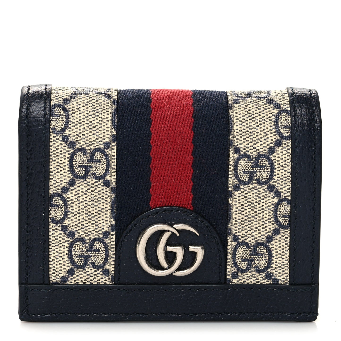 GG Supreme Monogram Textured Dollar Calfskin Web Ophidia Card Case Beige Blue