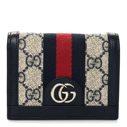 Gucci GG Supreme Monogram Textured Dollar Calfskin Web Ophidia Card Case Beige Blue 1 of 10