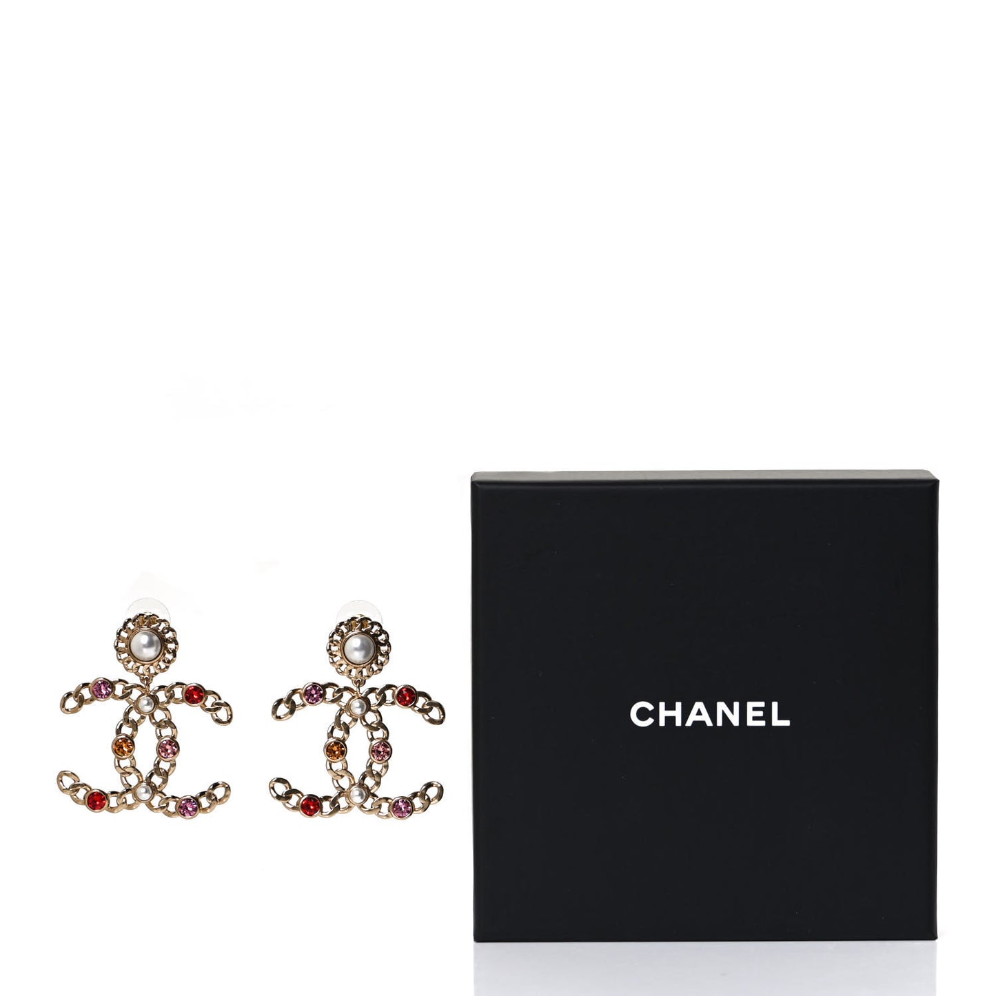 Pearl Crystal Chain Link CC Drop Earrings Gold Red Pink Yellow