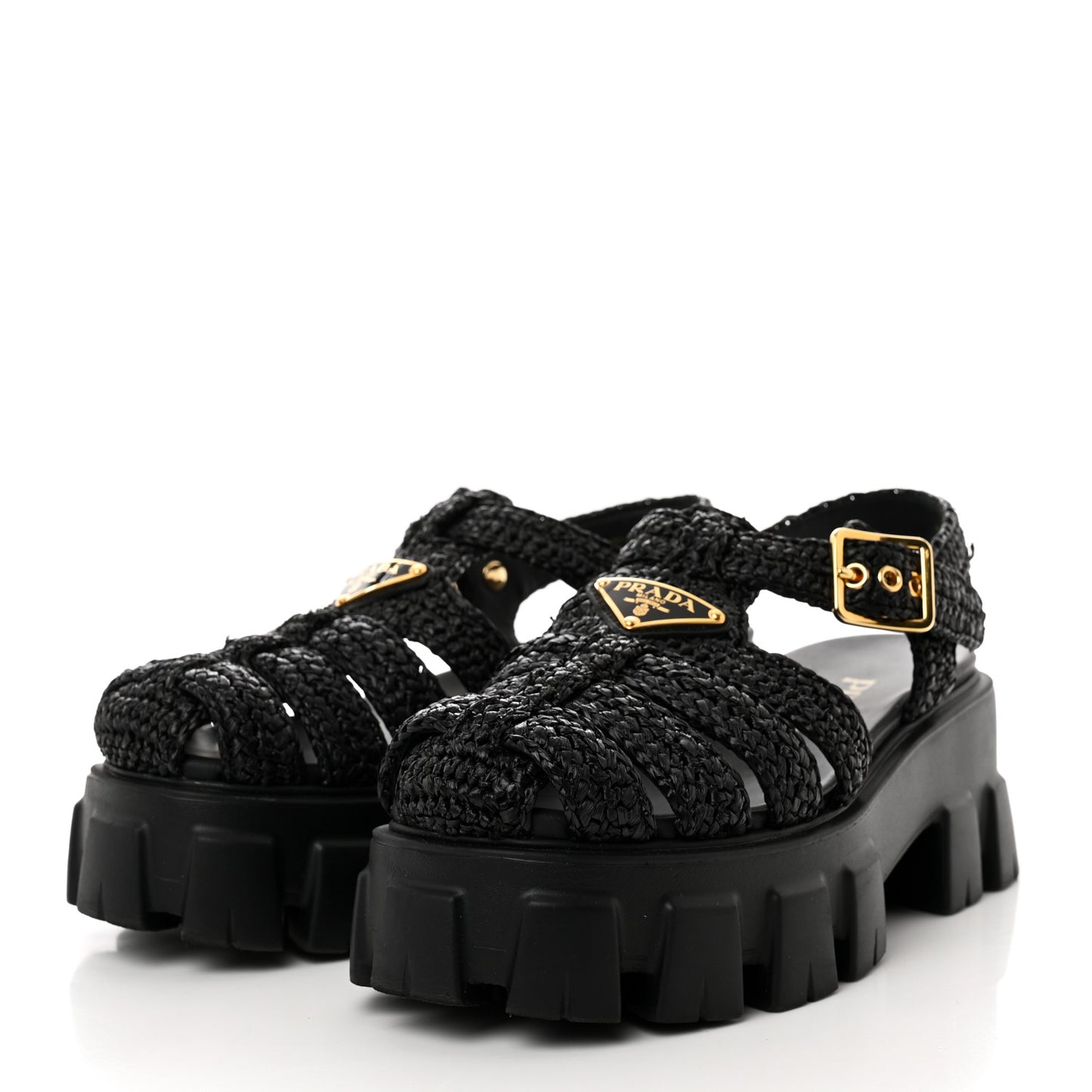 Raffia Metal Triangle Logo Crochet Monolith 55mm Cage Sandals 35 Black