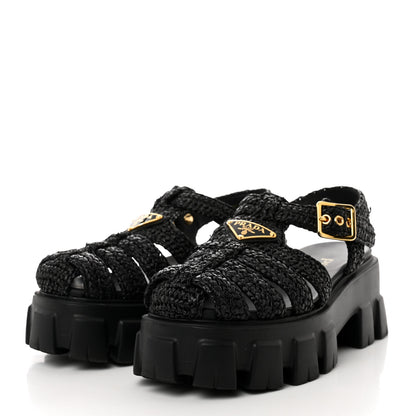 Prada Raffia Metal Triangle Logo Crochet Monolith 55mm Cage Sandals 35 Black 3 of 9