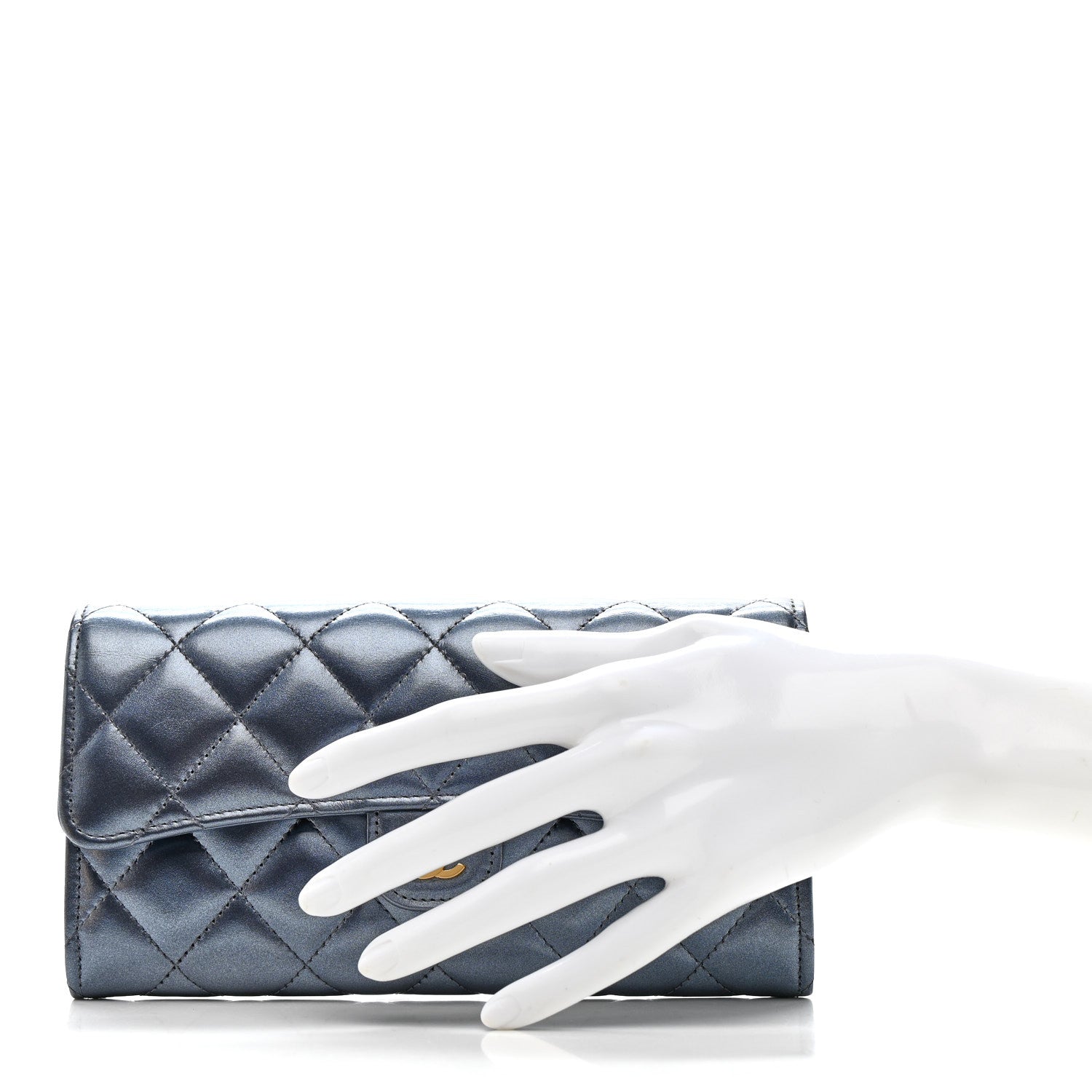 Chanel Metallic Lambskin Quilted Large Gusset Flap Wallet Dark Blue 2 of 9