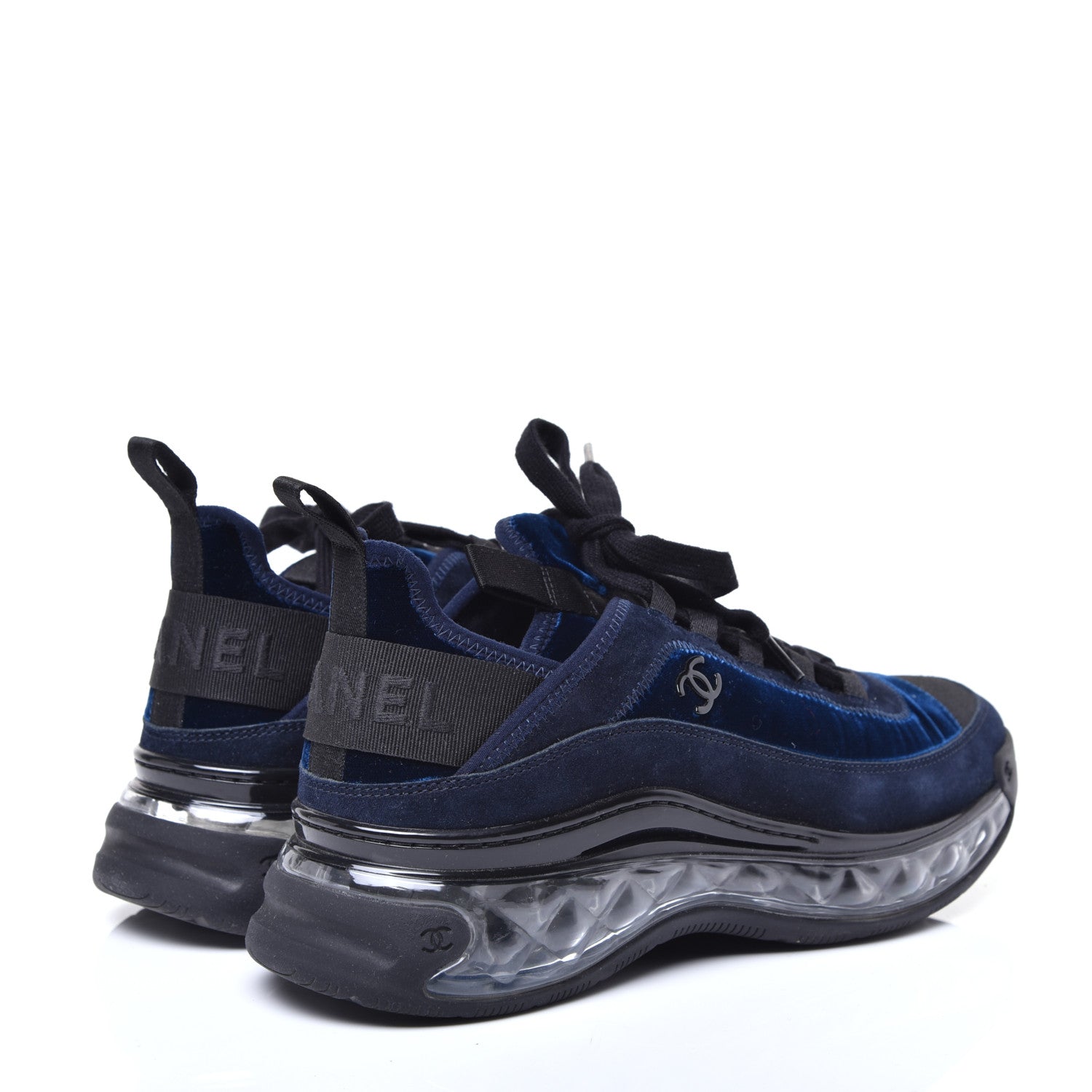Chanel Suede Calfskin Velvet Grosgrain CC Sneakers 38.5 Navy Blue Black 4 of 9