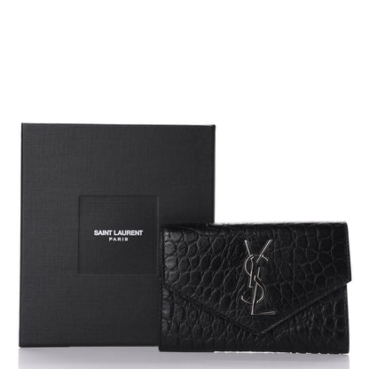Saint Laurent Calfskin Crocodile Embossed Small Monogram Envelope Wallet Black 9 of 9