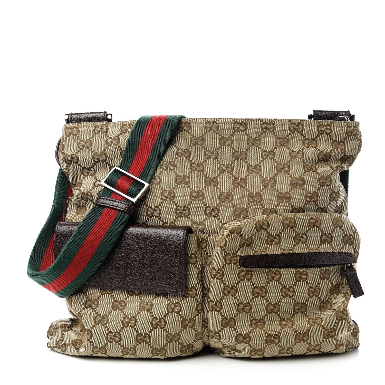 Gucci Monogram Web Medium Double Pocket Messenger Bag Dark Brown 1 of 10