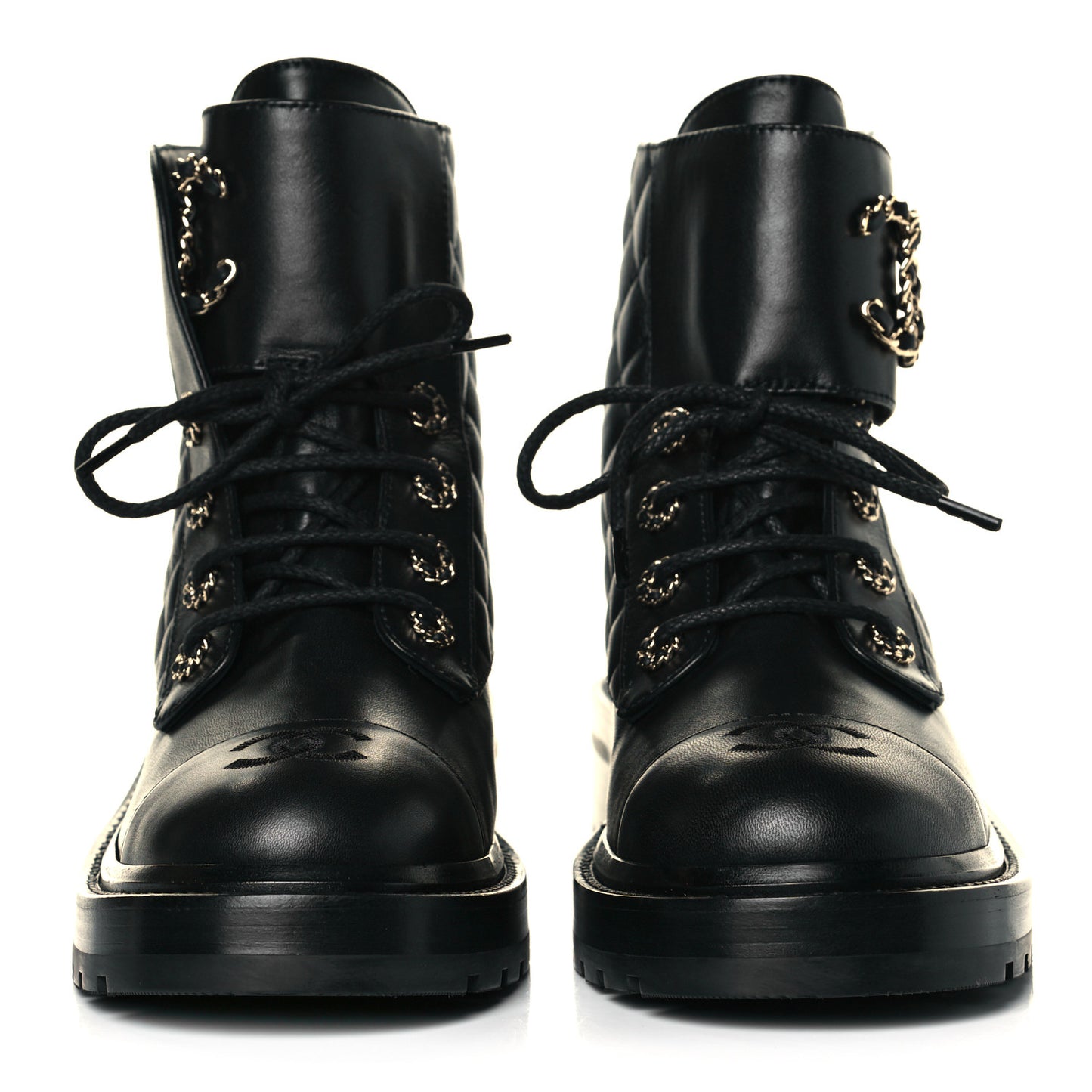 Shiny Lambskin Quilted Lace Up Combat Boots 39 Black