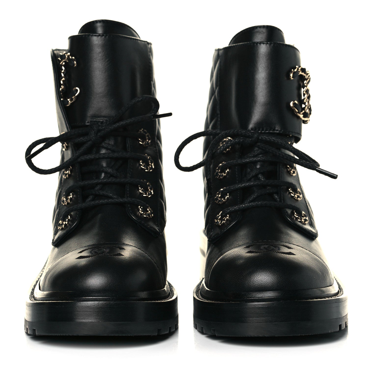 Chanel Shiny Lambskin Quilted Lace Up Combat Boots 39 Black 2 of 8
