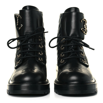Chanel Shiny Lambskin Quilted Lace Up Combat Boots 39 Black 2 of 8