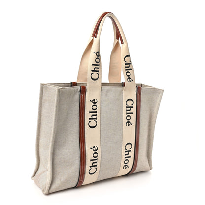 Chloe Cotton Calfskin Large Woody Ribbon Tote White Brown 3 of 11