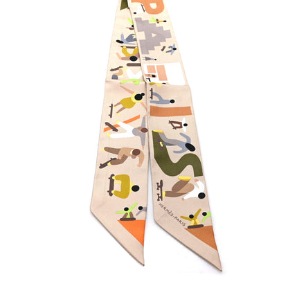 Hermes Silk Figures Libres Twilly Beige Vert Orange 2 of 3