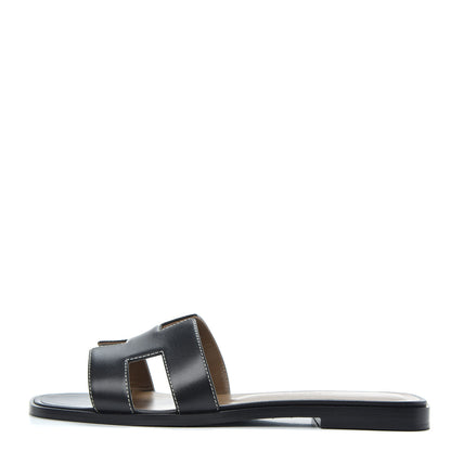 Hermes Box Calfskin Oran Sandals 37.5 Black 1 of 9