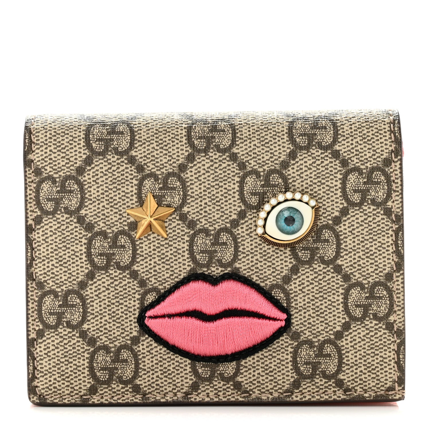 Gucci GG Supreme Monogram Face Embroidered Card Case Wallet Pink 1 of 8