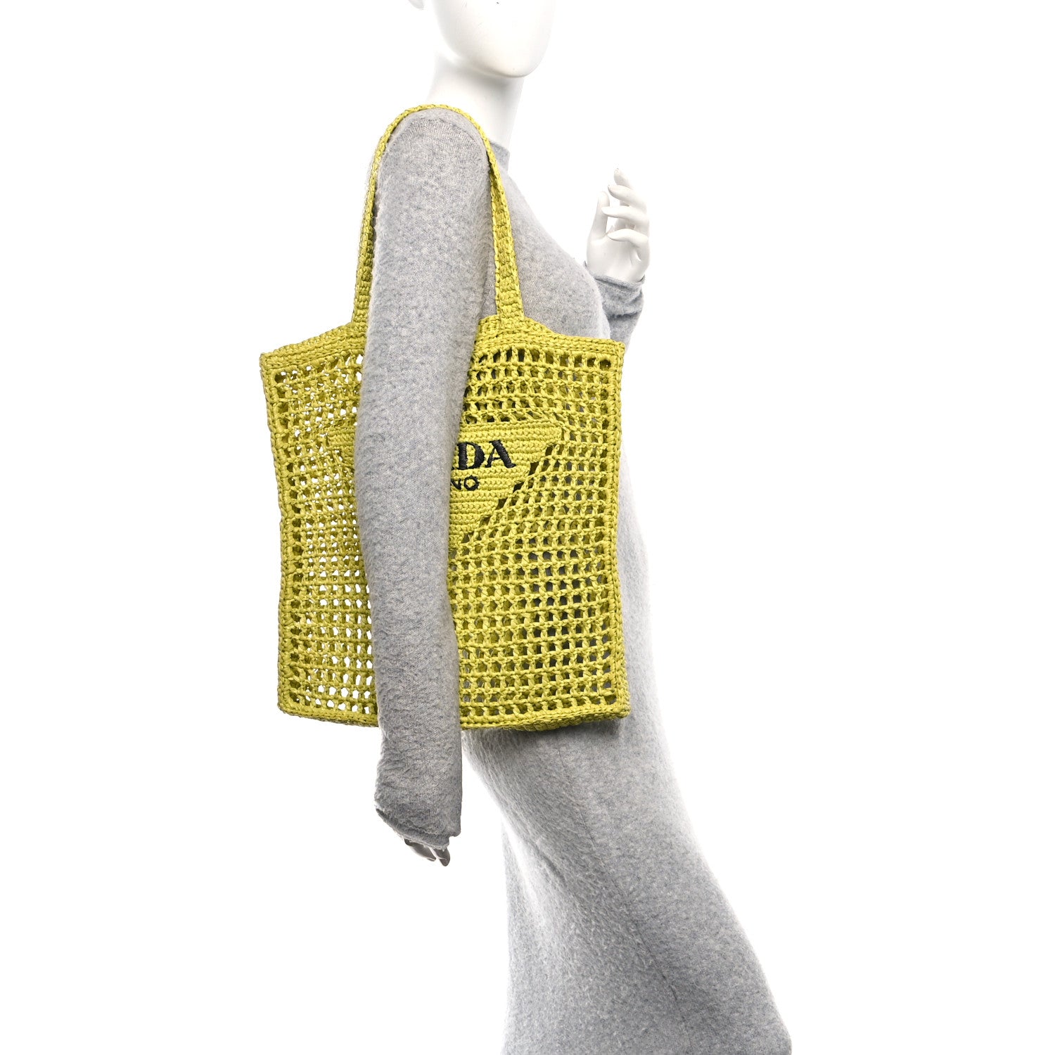 Prada Yarn Raffia Effect Crochet Logo Embroidered Tote Bag Cedro 2 of 9