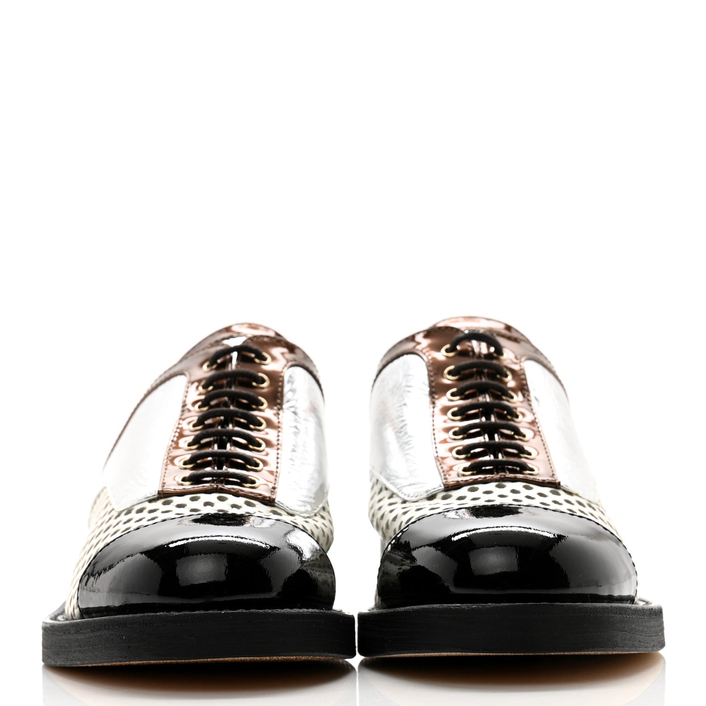 Lambskin Perforated Cap Toe Lace Up Mules 35.5 Silver Black
