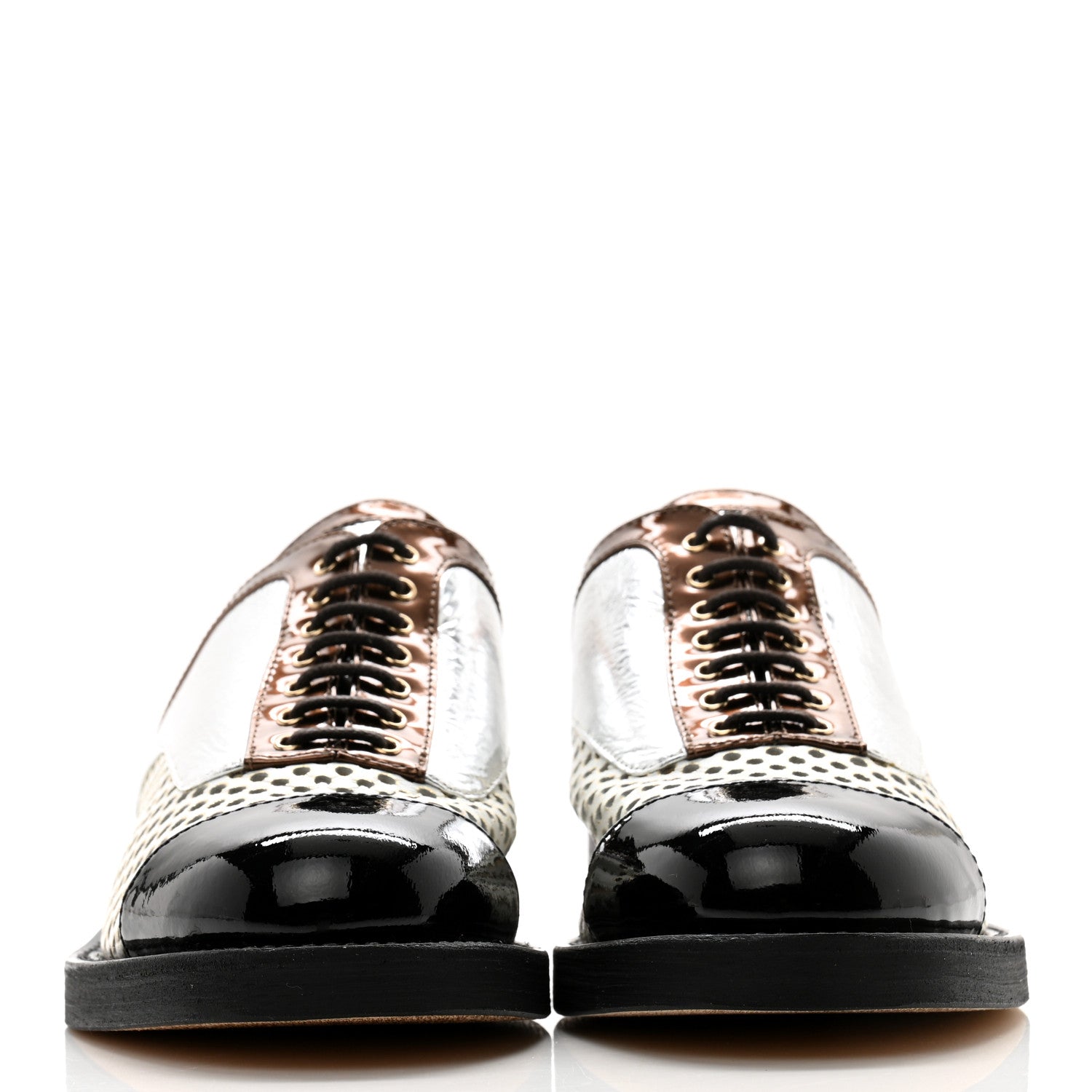 Chanel Lambskin Perforated Cap Toe Lace Up Mules 35.5 Silver Black 2 of 13