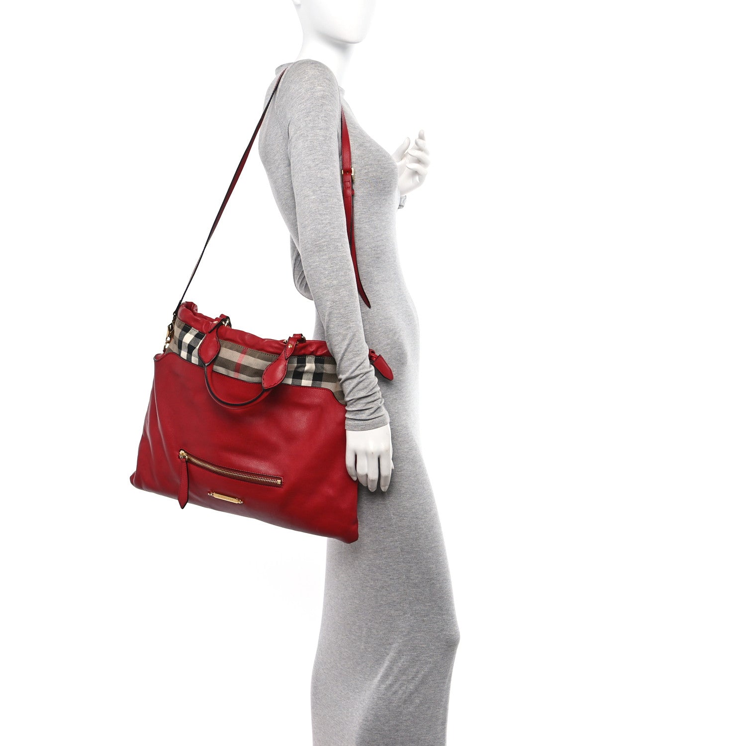 Burberry Soft Calfskin House Check Big Crush Tote Military Red 2 of 10