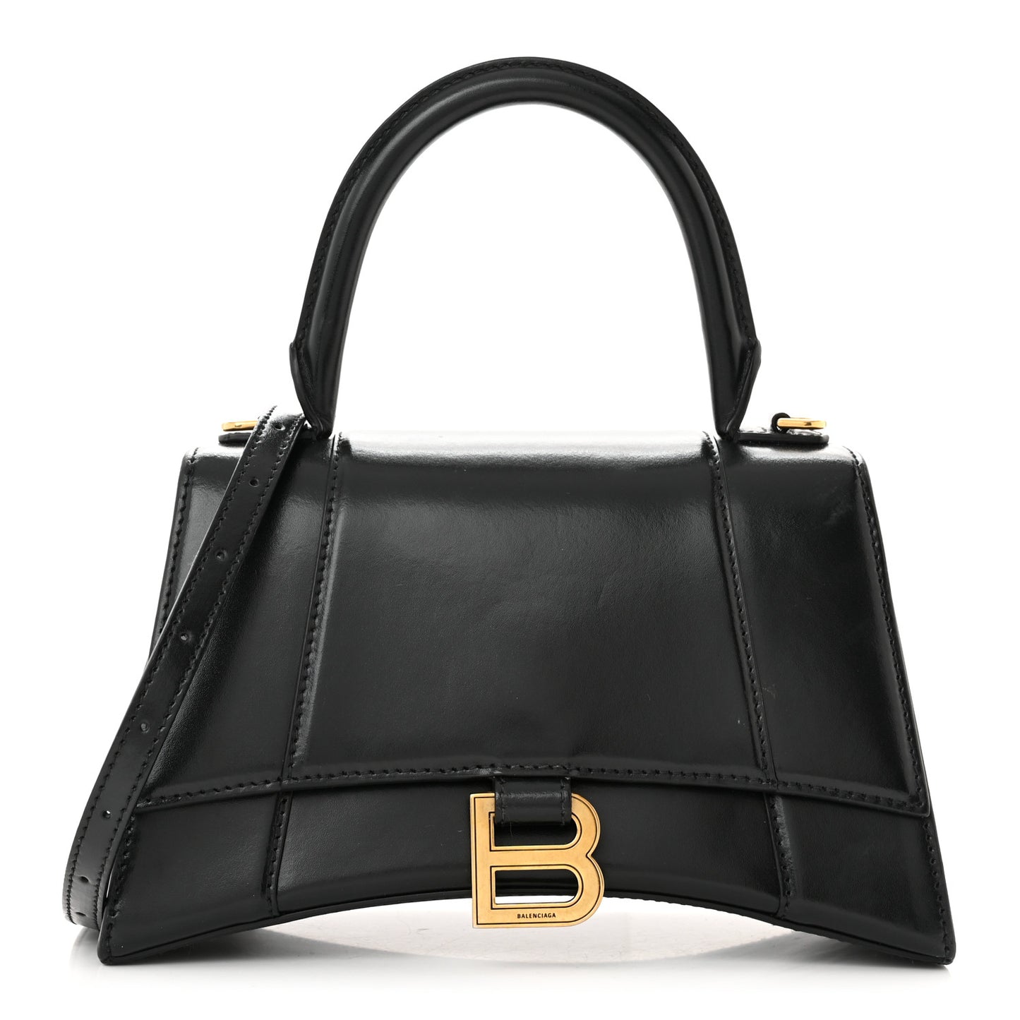 Shiny Box Calfskin Small Hourglass Top Handle Bag Black