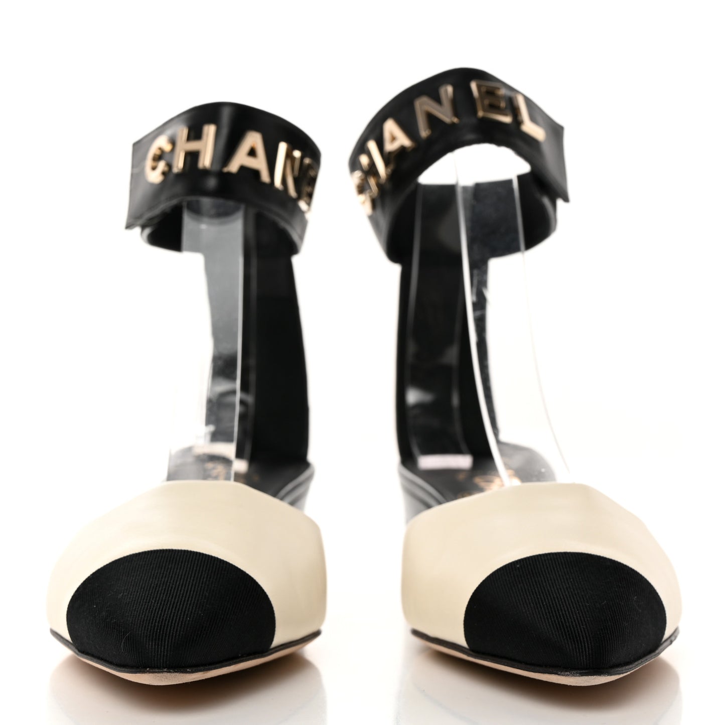 Lambskin Grosgrain Cap Toe Logo Ankle Strap Pumps 36.5 White Black
