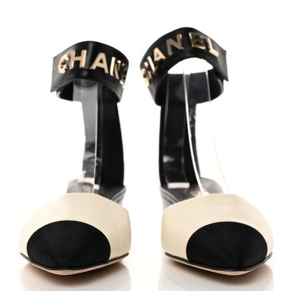 Chanel Lambskin Grosgrain Cap Toe Logo Ankle Strap Pumps 36.5 White Black 2 of 9